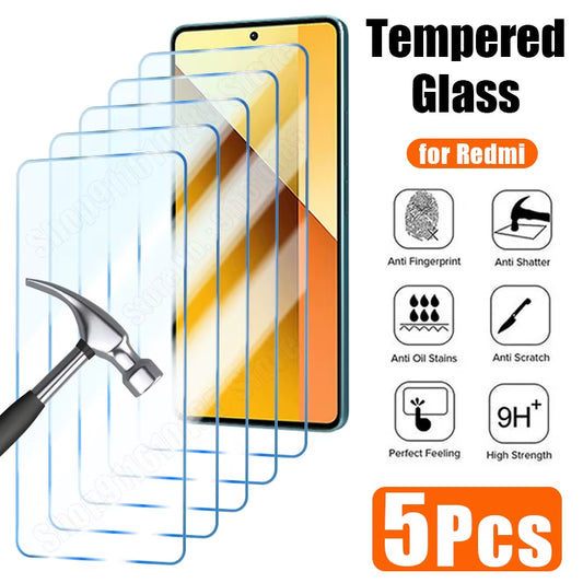 5PCS Tempered Glass for Redmi Note 13 12 11 10 14 9 8 7 Pro plus 5G 12S 11S 10S 9S Protective Glass for Redmi 12C 10C 9C 9T 9A 9