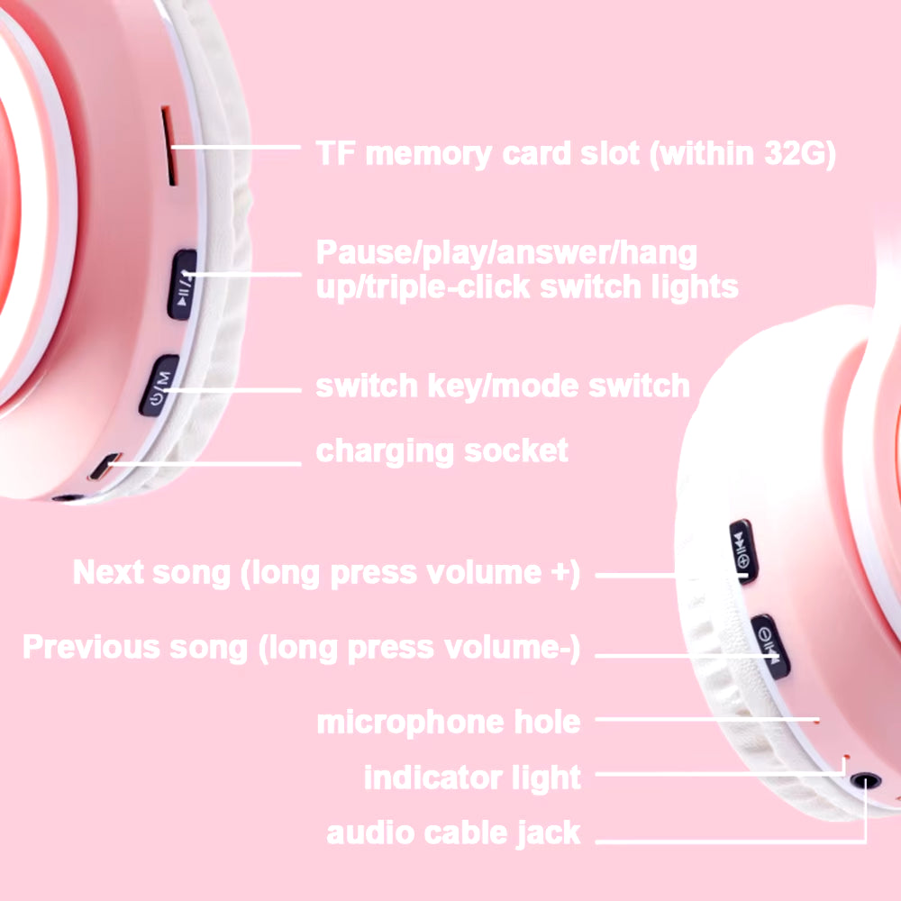 Bluetooth Wireless Headphones Cat Ear Glow Light Stereo Bass Helmets Children Gamer Girl Gifts PC Phone Gaming Headset